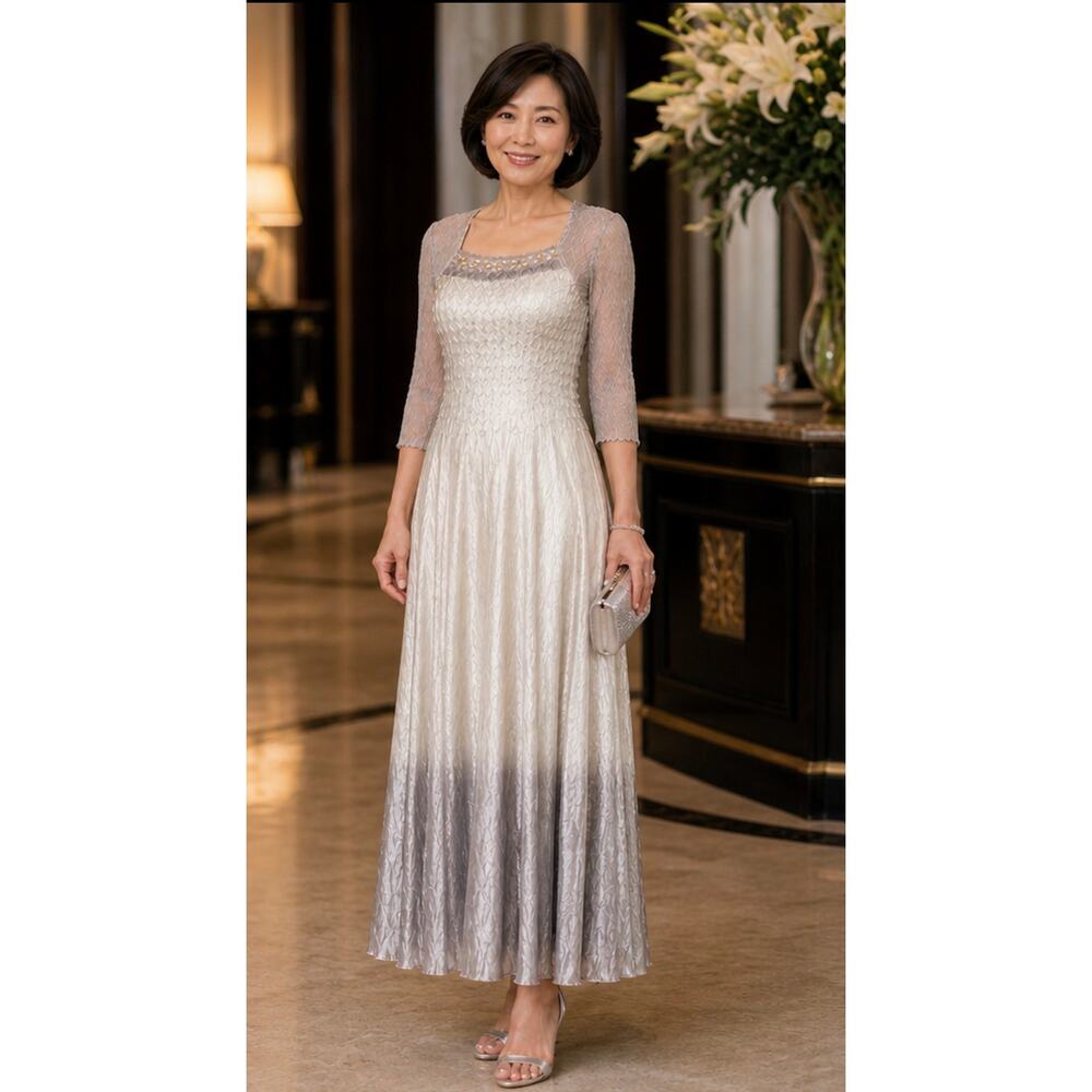 Komarov Formal Dress M Beaded Crinkle Metallic Evening Mother of Bride Wedding